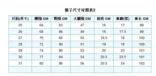 25的腰围是多少尺码,裤子25是多大尺码