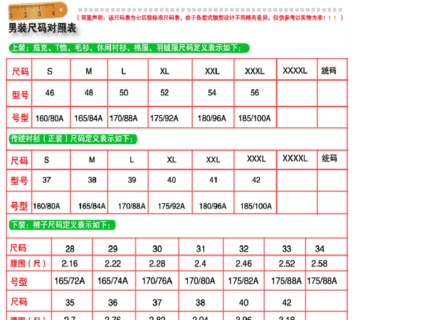 衣服的尺码大小怎么分,衣服尺码对照表大全图8